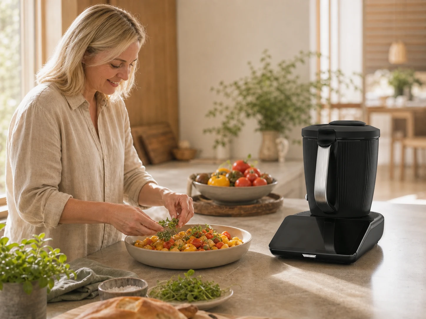 Teresa preparing a colourful family meal beside the current Thermomix TM7
